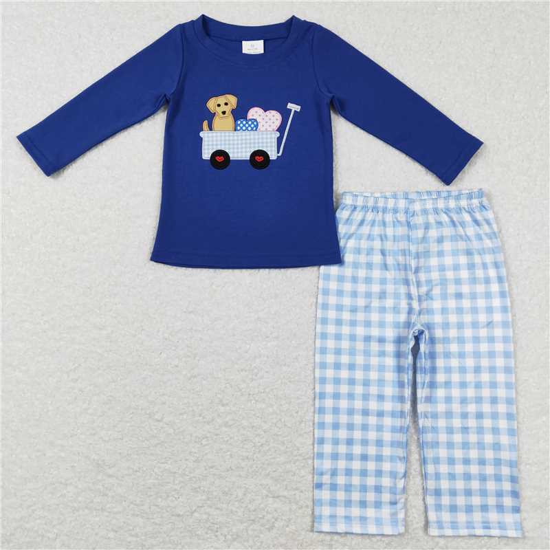 4.11 RTS NO MOQ Blue Dog Heart Top Plaid Pants Girls Boys Valentine's Day Outfit