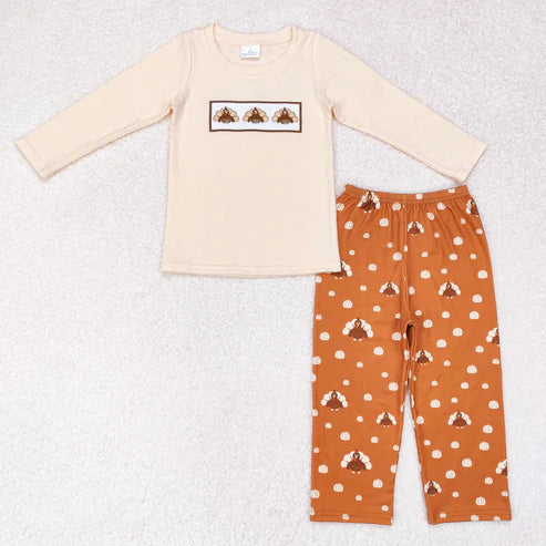 9.22 RTS Sibling Baby Boys Embroidery Turkey Long Sleeves Pants Thanksgiving Clothes Sets