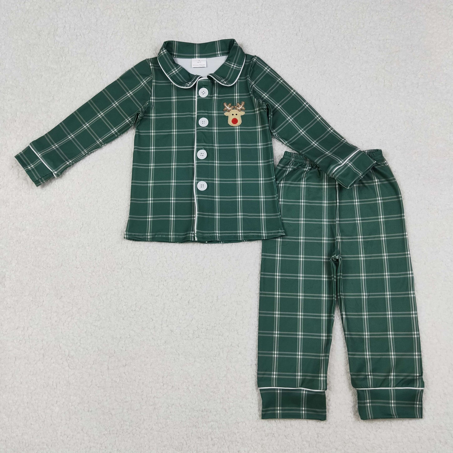 RTS NO MOQ (In stock)BLP0545 Baby Boys Winter Outfits Christmas Checkered Deer Buttons Top Pants Pajamas Sets