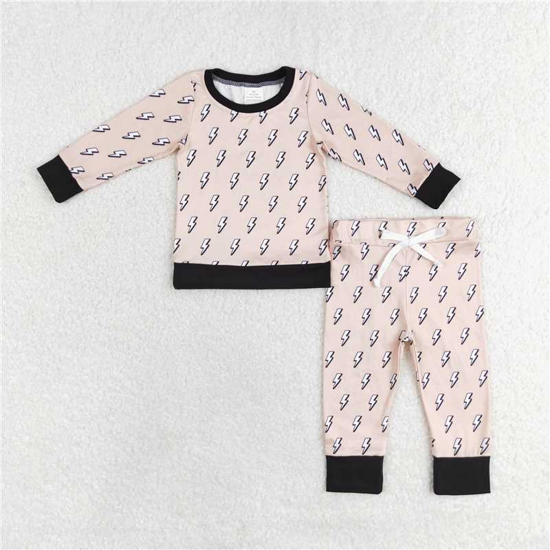 BLP0568Kids Khaki Lightning Pattern Long Sleeve Top And Pants Set Casual Comfortable Two-Piece Outfit for Children