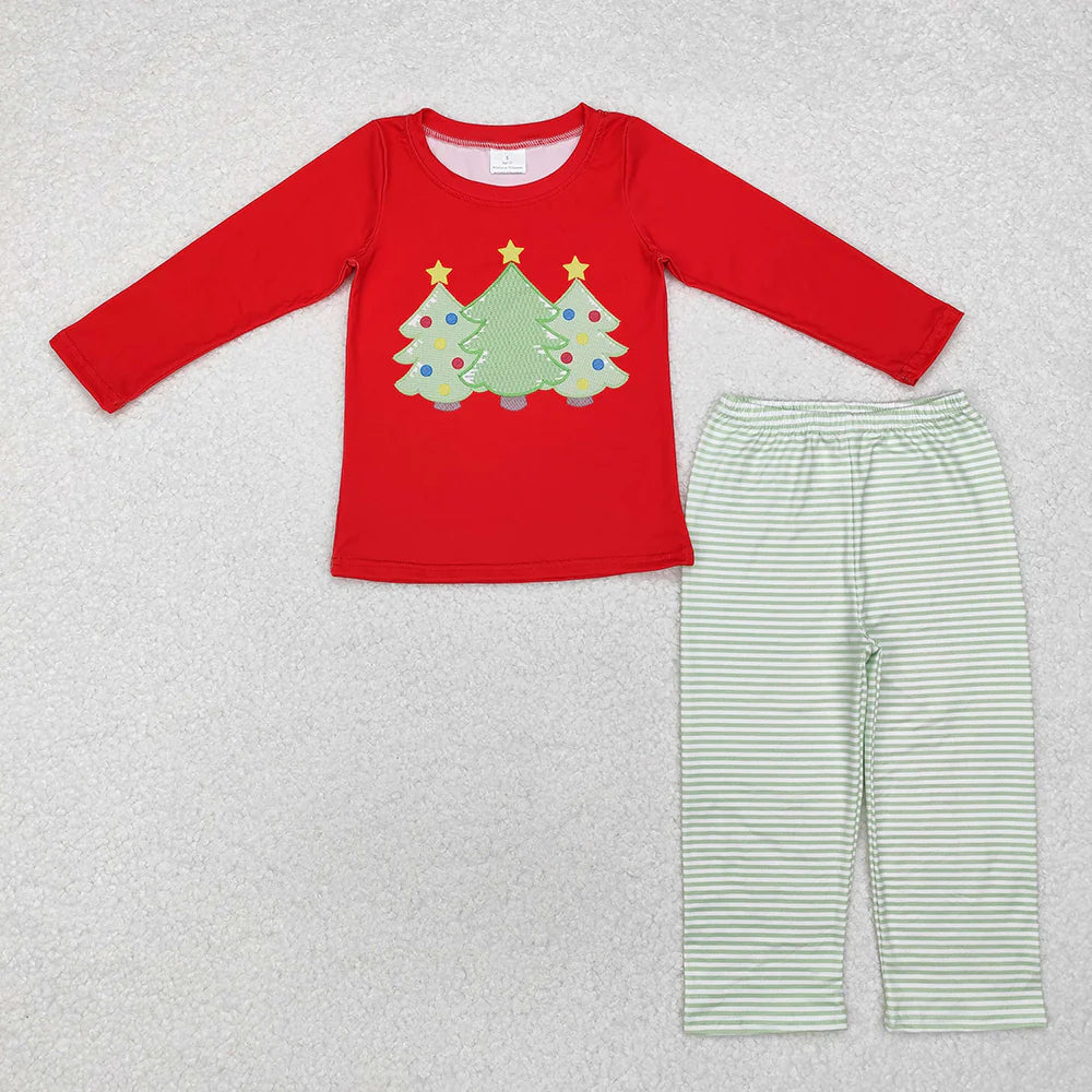 12.11 RTS NO MOQ (In stock)Matching Christmas BLP0773 Baby Boys Red Christmas Tree Top Checkered Pants Clothes Sets