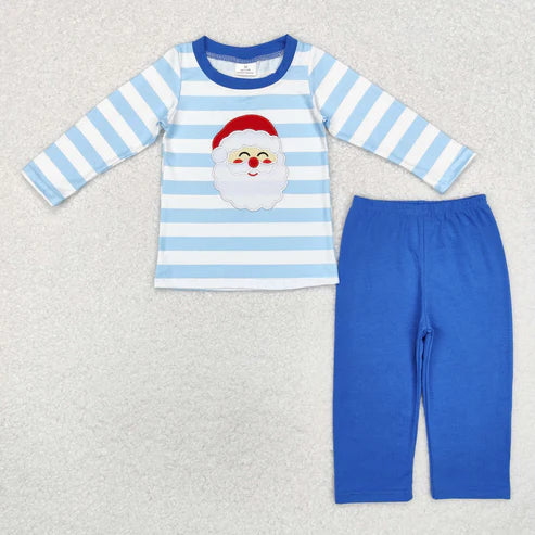 9.22 RTS Embroidery Santa Sibling Baby Boys Stripes Shirt Top Pants Christmas Pajamas Sets