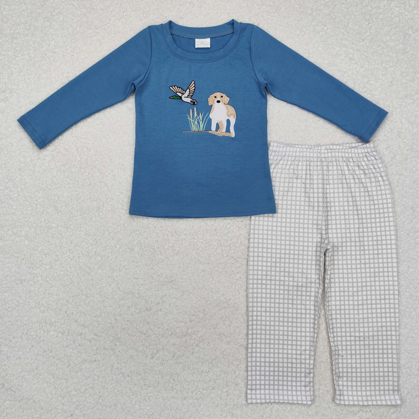 BLP0919 Blue dog duck top plaid pants boys hunting outfits