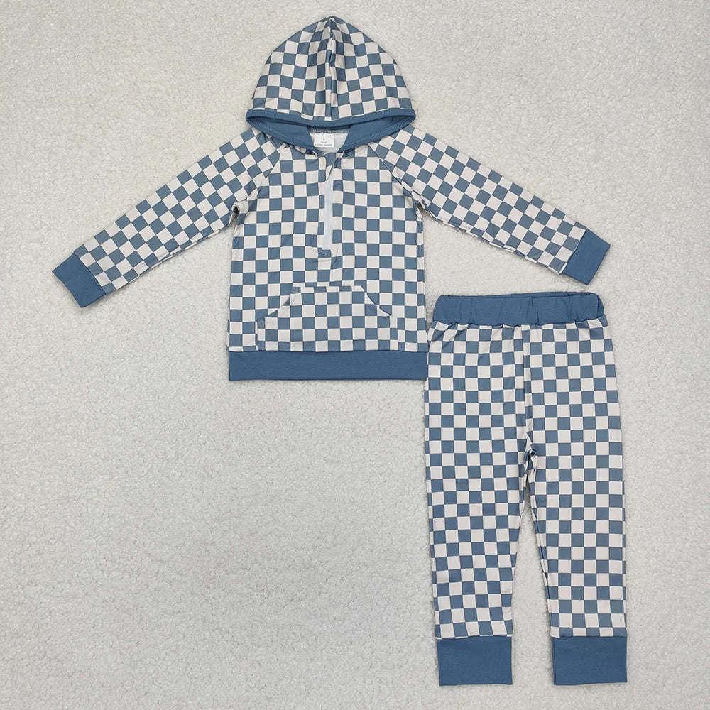 1.17 RTS Sibling Boys Baby Girls Checkered Zip Hooded Top Pants Clothes Sets