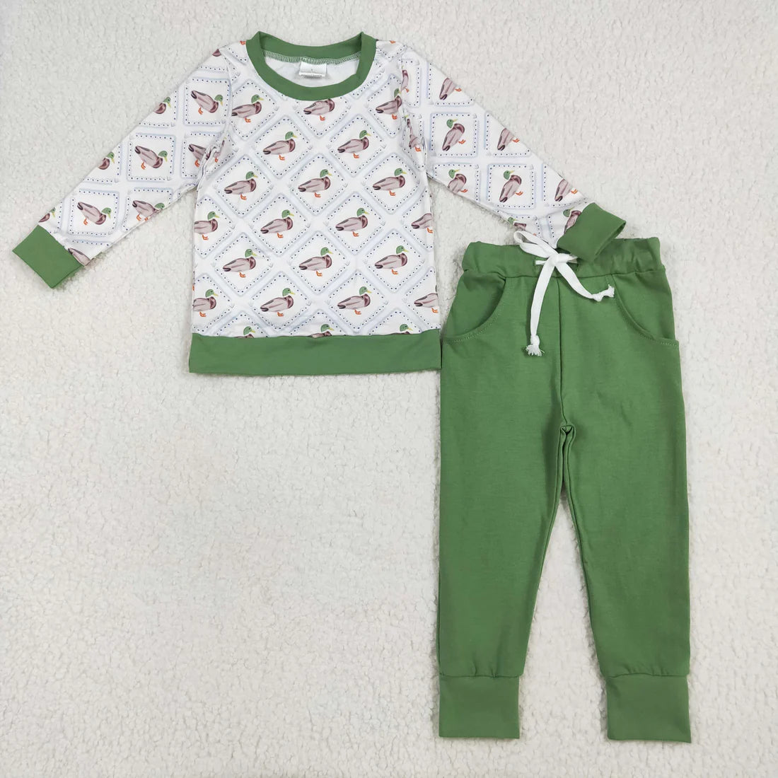 10.1 RTS Sibling Baby Boys Long Sleeves Green Ducks Plaid Top Pants Western Set