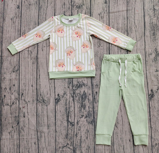 9.15 BLP1074 Sample No Moq Fast Coming Baby Boys Aqua Stripe Long Sleeves Santa Top Pockets Legging Pant Set