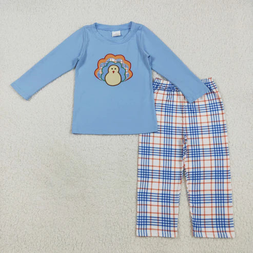 9.22 RTS Sibling Baby Boys Embroidery Turkey Long Sleeves Pants Thanksgiving Clothes Sets