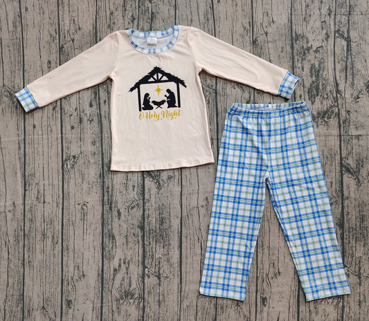 9.20 BLP1100 Sample No Moq Fast Coming Baby Boys Jesus Nativity Top Blue Plaid Pant Christmas Clothes Set