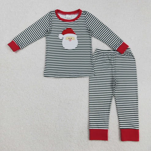 9.22 RTS Embroidery Santa Sibling Baby Boys Stripes Shirt Top Pants Christmas Pajamas Sets