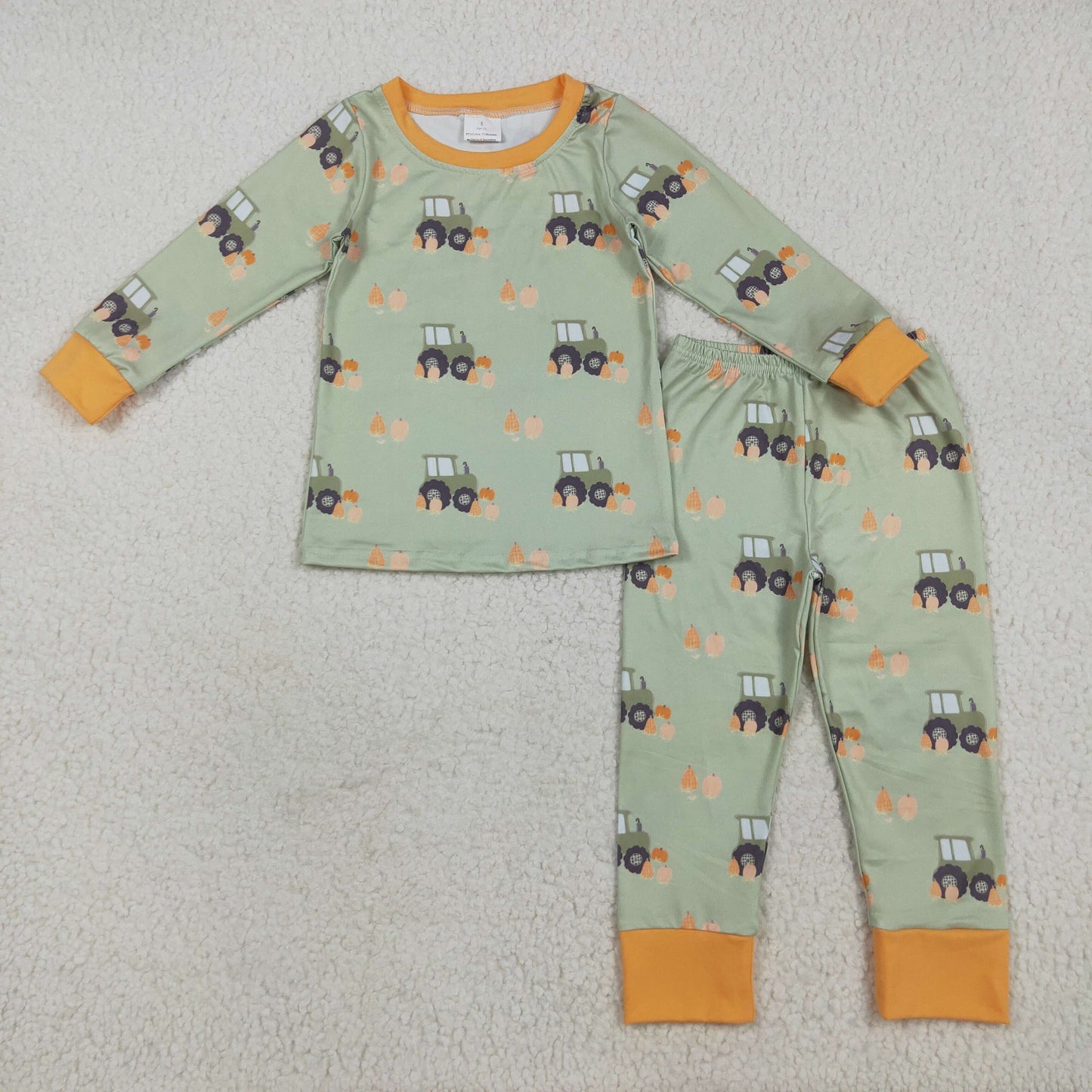RTS NO MOQ (In stock)BLP1142 Baby Boys Winter Outfits Baby Boys Green Long Sleeves Pumpkins Trucks Top Pant Pajamas Sets