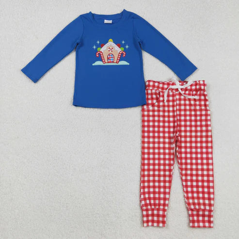 9.24 RTS Sibling Embroidery House Candy Cane Baby Kids Long Sleeves Pants Christmas Clothes Sets