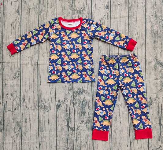 9.15 BLP1155 Sample No Moq Fast Coming Baby Boys Long Sleeves Christmas Hats Dinosaurs Top Pant Pajamas Set