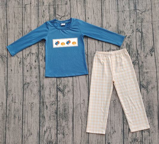 9.24 BLP1176 Sample No Moq Embroidery Baby Boys Thanksgiving Turkey Pumpkins Top Plaid Pant Set