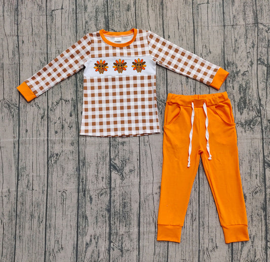 9.19 BLP1186 Sample No Moq Fast Coming Embroidery Baby Boys Orange Turkey Top Pockets Legging Pant Set