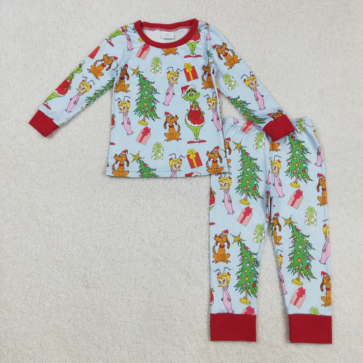 9.23 RTS Sibling Baby Kids Long Sleeves Green Face Miss Christmas Pajamas Sets Zipper Footed Rompers