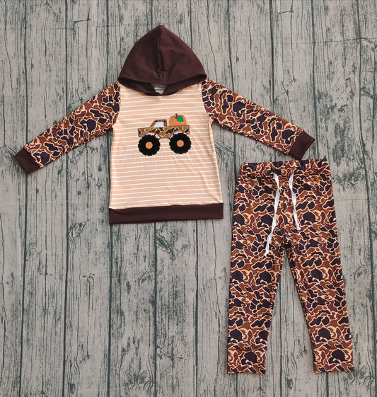 9.24 BLP1192 Sample No Moq Embroidery Baby Boys Pumpkin camo tractor hoodie pants