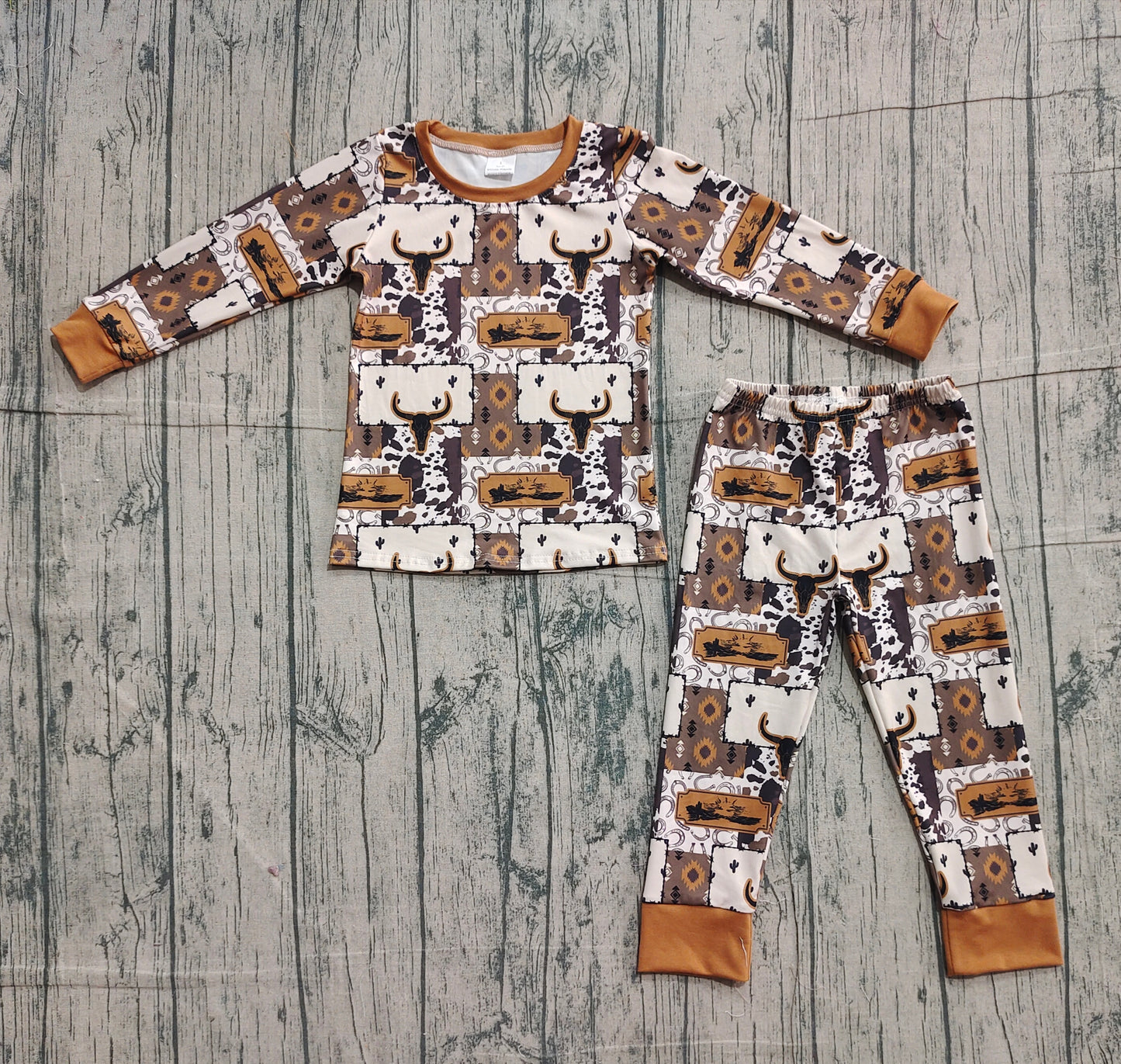 11.5 BLP1200 Sample No Moq Baby Boys Bull Skull Aztec Plaid Top Western Pajamas Set