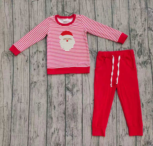 9.26 BLP1223 Sample No Moq Embroidery Santa Baby Boys Red Stripe Top Pockets Pant Christmas Clothes Sets