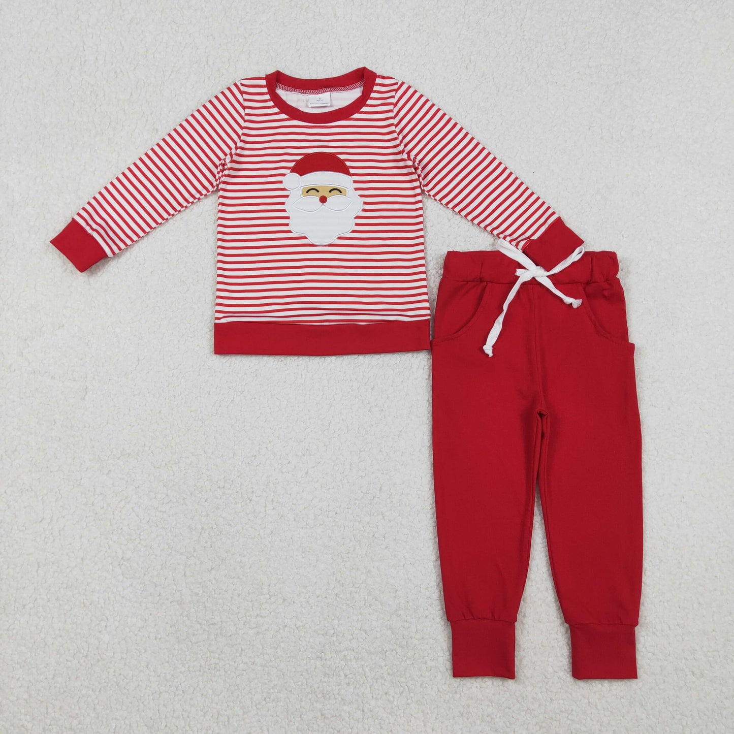 10.31 RTS NO MOQ (In stock)BLP1223 Embroidery Santa Baby Boys Red Stripe Top Pockets Jogger Pants Christmas Clothes Sets