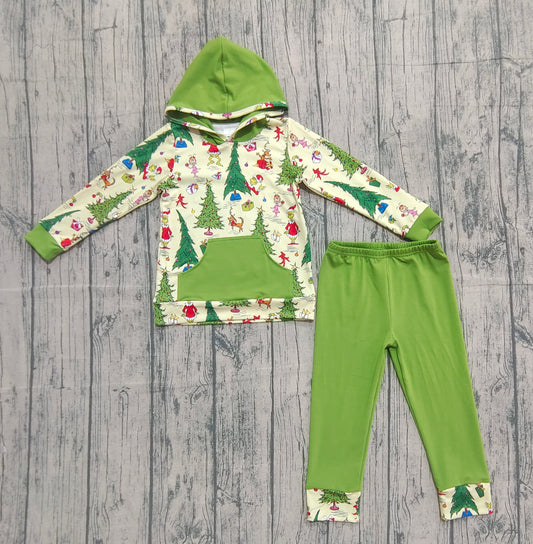 9.19 BLP1224 Sample No Moq Fast Coming Baby Boys Green Faces Christmas Trees Pocket Hoodie Legging Pant Set