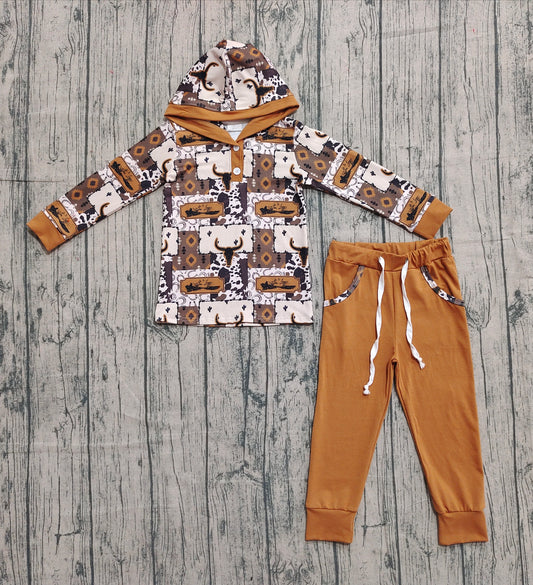 9.15 BLP1238 Sample No Moq Fast Coming Baby Boys Brown Aztec Bull Skull Button Hoodies Pockets Legging Western Set
