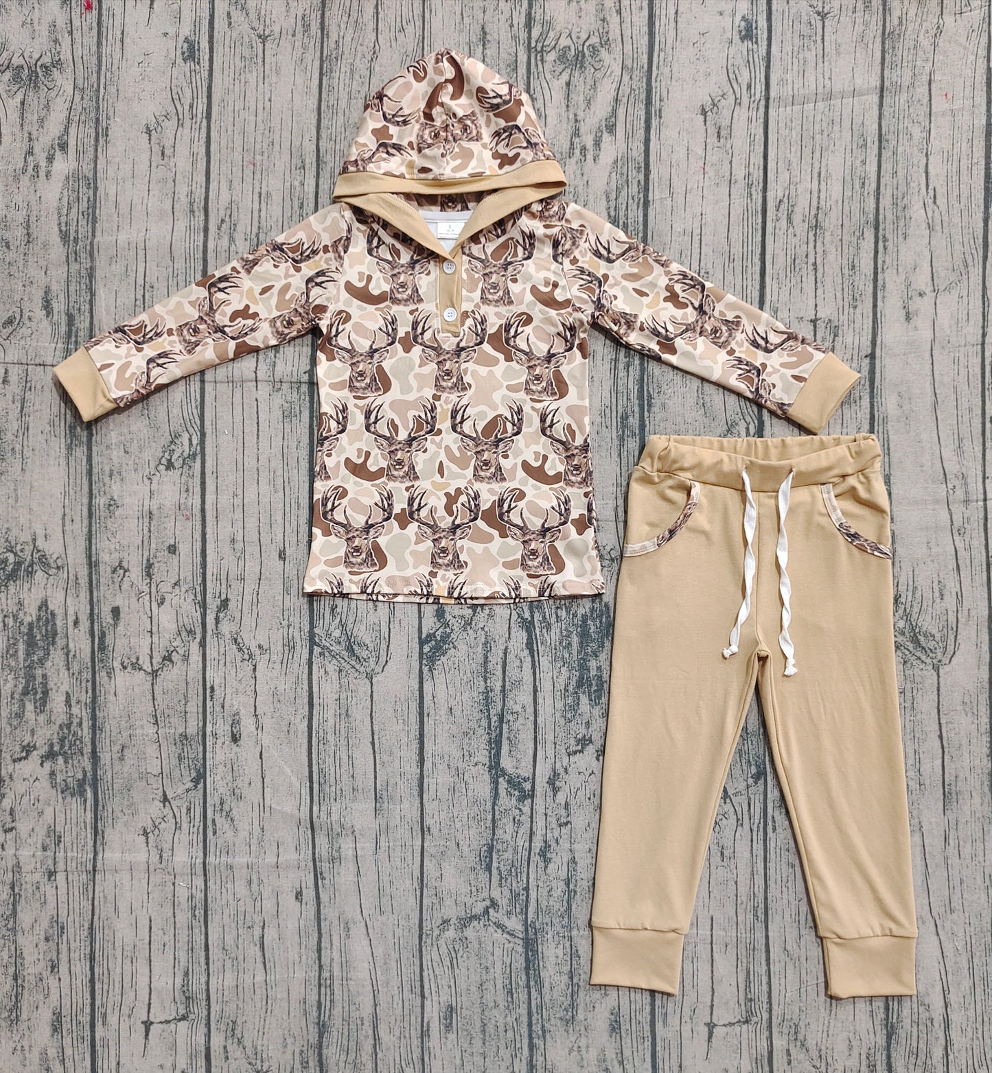 9.15 BLP1239 Sample No Moq Fast Coming Baby Boys Khaki Camo Deer Button Hoodies Pockets Legging Set