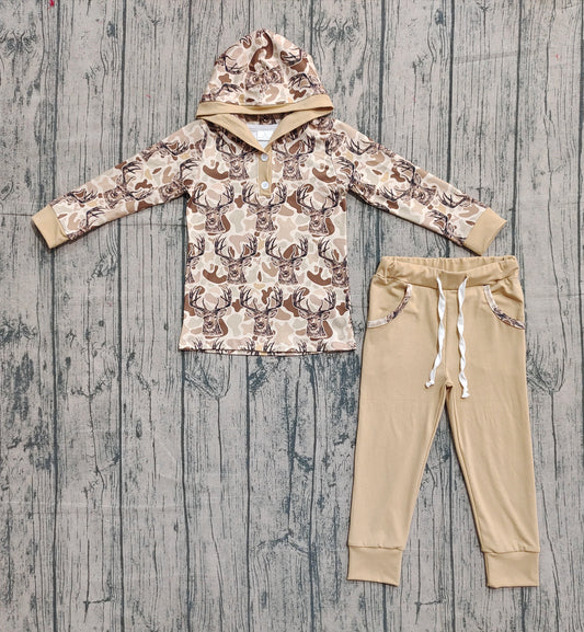 9.15 BLP1239 Sample No Moq Fast Coming Baby Boys Khaki Camo Deer Button Hoodies Pockets Legging Set