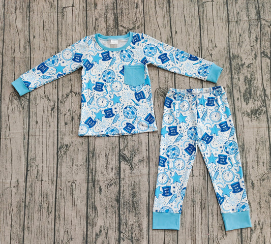 9.29 BLP1259 XS-3XL Sample No Moq Baby Boys Blue Pocket Happy New Year Top Pant Pajamas Set