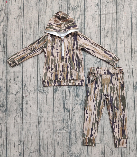 9.15 BLP1264 Sample No Moq Fast Coming Baby Boys Olive Bottomland Camo Hoodies Pockets Pants Clothes Set