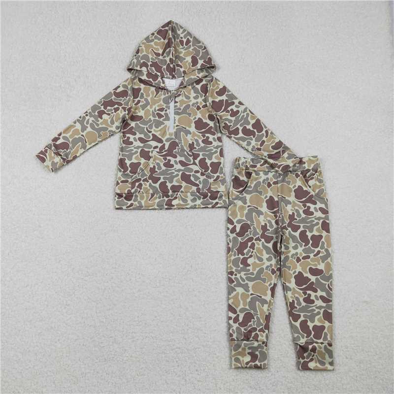 11.25 RTS NO MOQ (In stock)BLP1266 Baby Boys Khaki Camo Hoodies Pockets Legging Pants Hunting Clothes Set