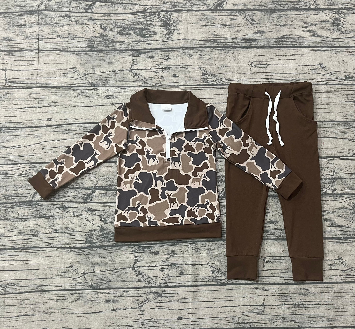 10.4 BLP1270 Sample No Moq Baby Boys Brown Deer Camo Zipper Pullovers Pockets Jogger Pant Western Sets