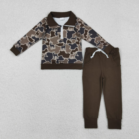 10.23 RTS NO MOQ (In stock)BLP1270 Baby Boys Winter Outfits Baby Boys Deer Camo Zipper Pullovers Pockets Jogger Hunting Clothes Sets
