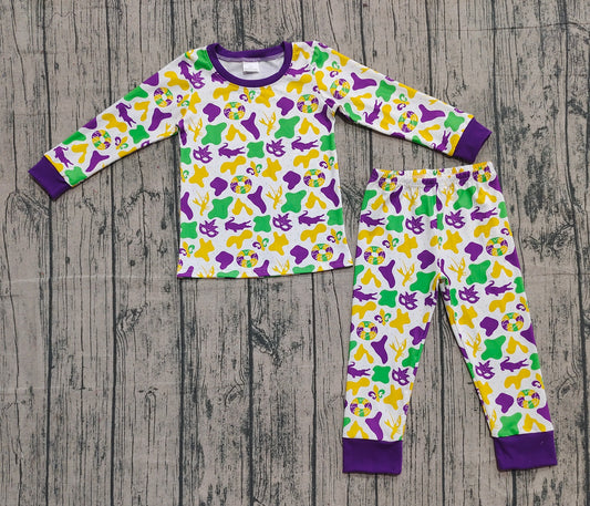 9.19 BLP1273 Sample No Moq Fast Coming Baby Boys Purple Yellow Green Camo Crayfishes Mardi Gras Pajamas Sets