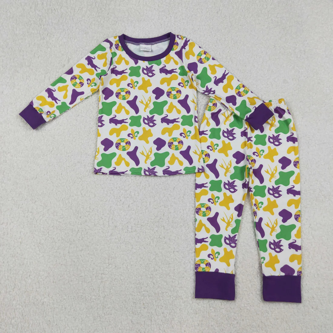 10.22 RTS Sibling Baby Boys Girls Mardigras Camo Crayfishes Bows Top Pants Pajamas Sets