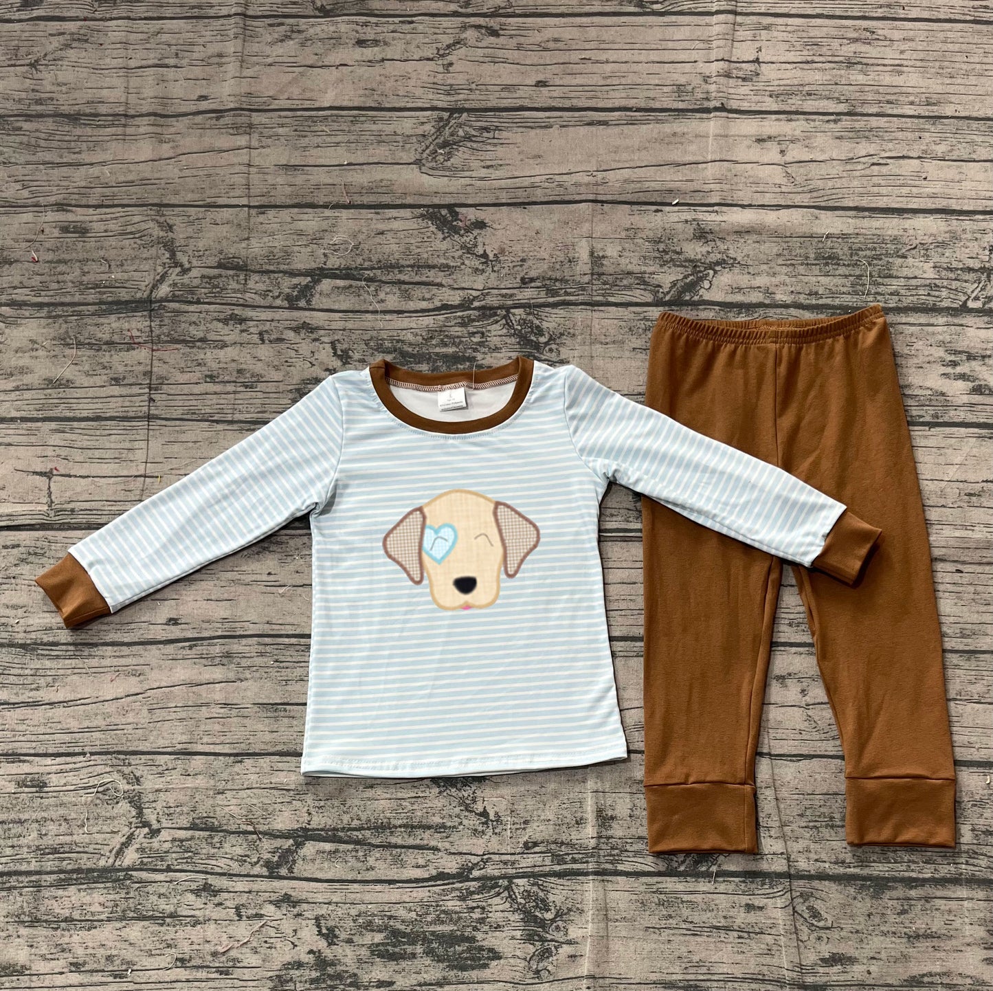 11.10 BLP1283 Sample No Moq Embroidery Heart Dog Baby Boys Blue Stripe Top Leggings Valentines Clothes Sets