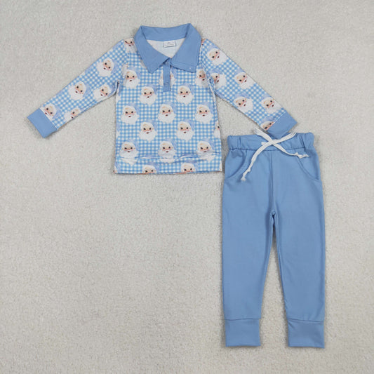 10.14 RTS NO MOQ (In stock)BLP1295 Baby Boys Winter Outfits Baby Boys Blue Checked Santa Button Top Pockets Pants Christmas Clothes Sets