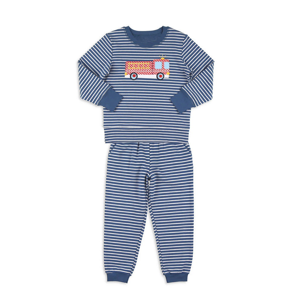 9.22 BLP1297 Baby Boys Blue Stripe Fire Truck Top Pants Pajamas Sets Preorder