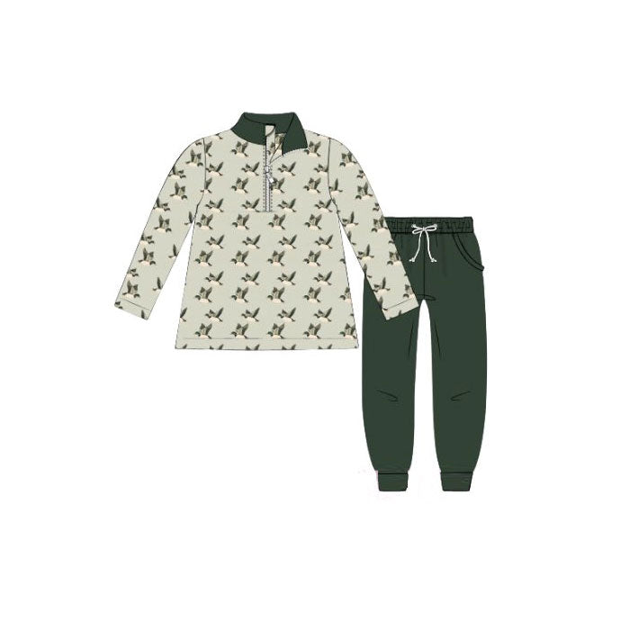 10.2 BLP1309 Pre order No Moq Baby Boys Green Ducks Plaid Zip Pullover Pockets Pants Hunting Clothes Sets