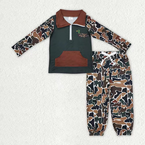 10.14 RTS Sibling Baby Boys Camo Embroidery Mama's Boy Ducks Dogs Zipper Pullover Pockets Jogger Hunting Clothes Set