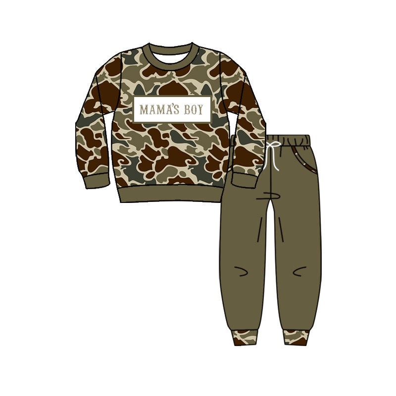 10.14 BLP1330 Pre order No Moq Baby Boys Olive Camo Mama's Boy Top Pockets Jogger Pants Clothes Sets