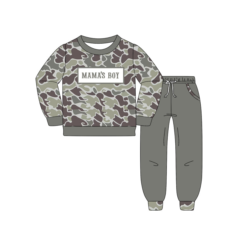 10.15 BLP1333 Pre order No Moq Baby Boys Grey Camo Mama's Boy Top Pockets Jogger Pants Clothes Sets