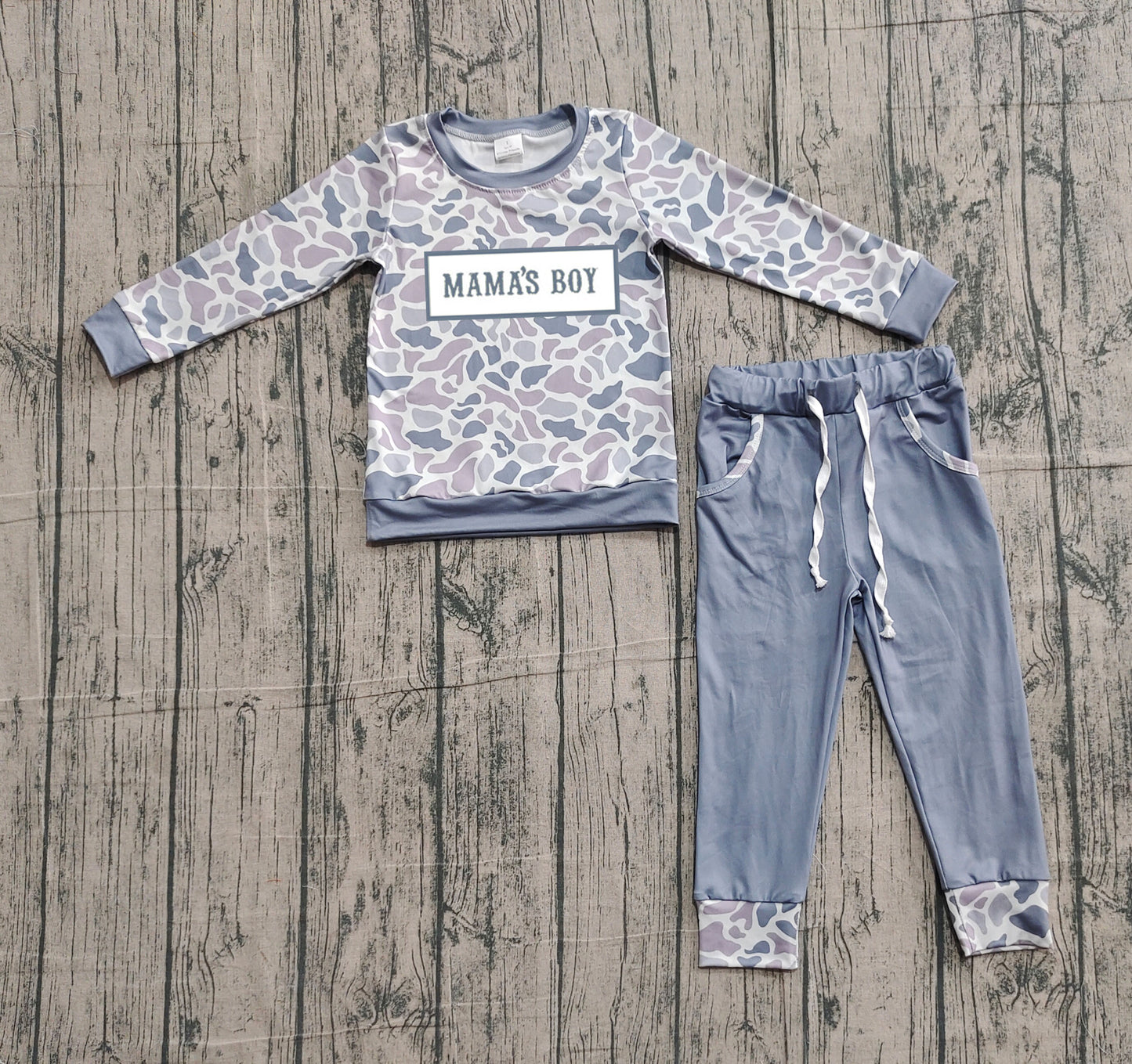10.21 BLP1335 Sample No Moq Embroidery Mama's Boy Baby Boys Grey Camo Top Pockets Jogger Clothes Sets