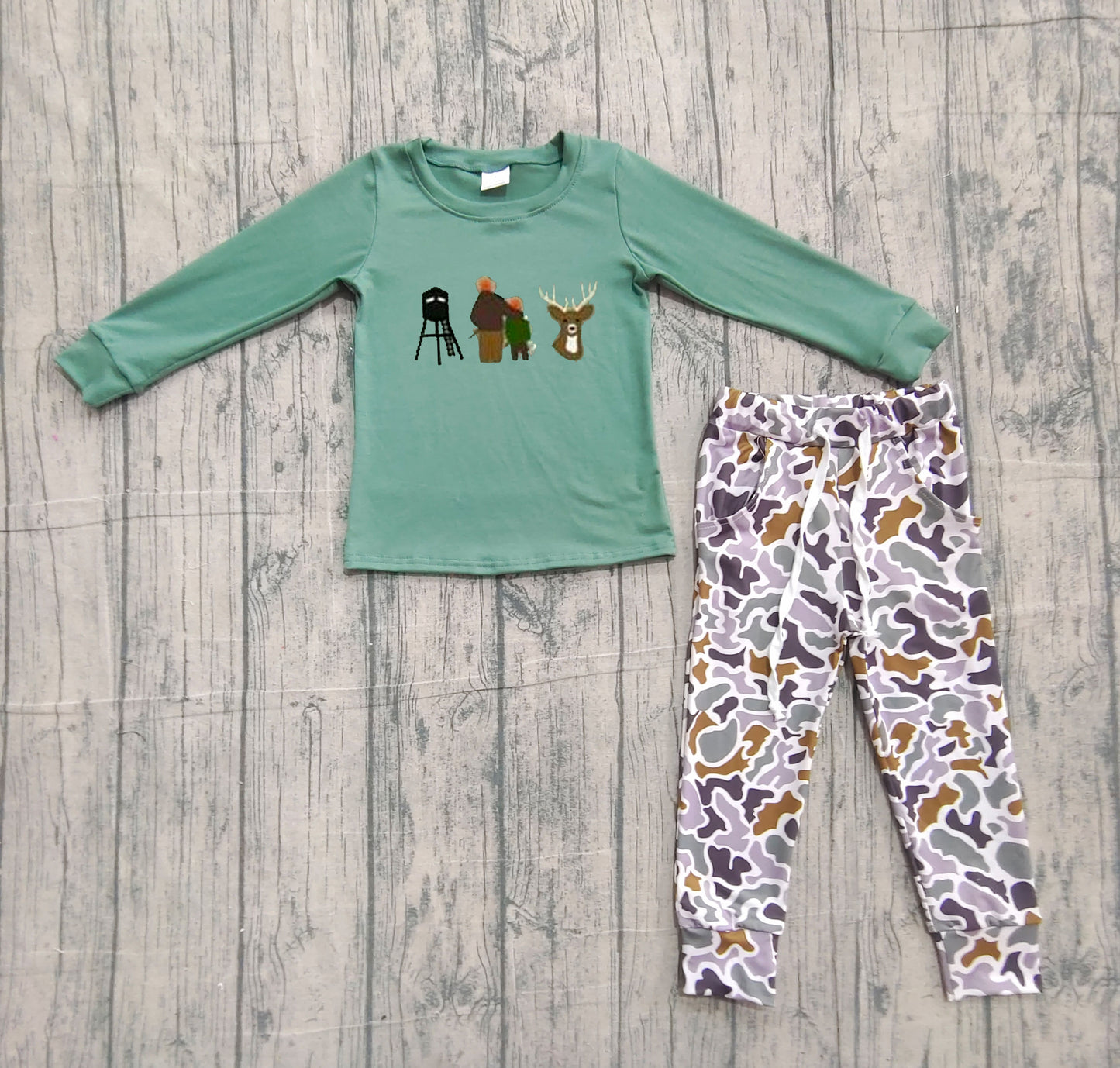 11.11 BLP1352 Sample No Moq Baby Boys Deer Hunting Top Camo Pockets Jogger Pants Clothes Sets