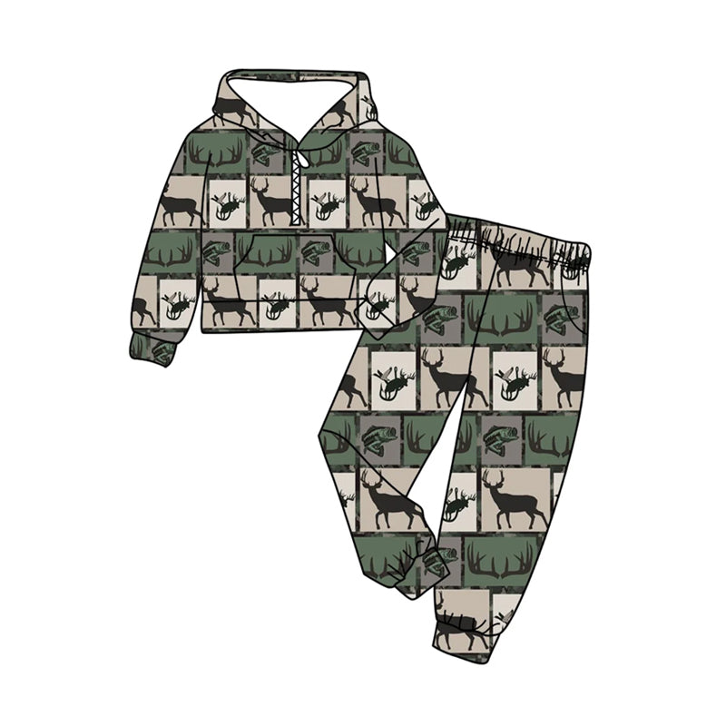10.29 BLP1368 Pre order No Moq Baby Boys Green Camo deer Checked Pocket Hoodie Jogger Pants Hunting Clothes Sets