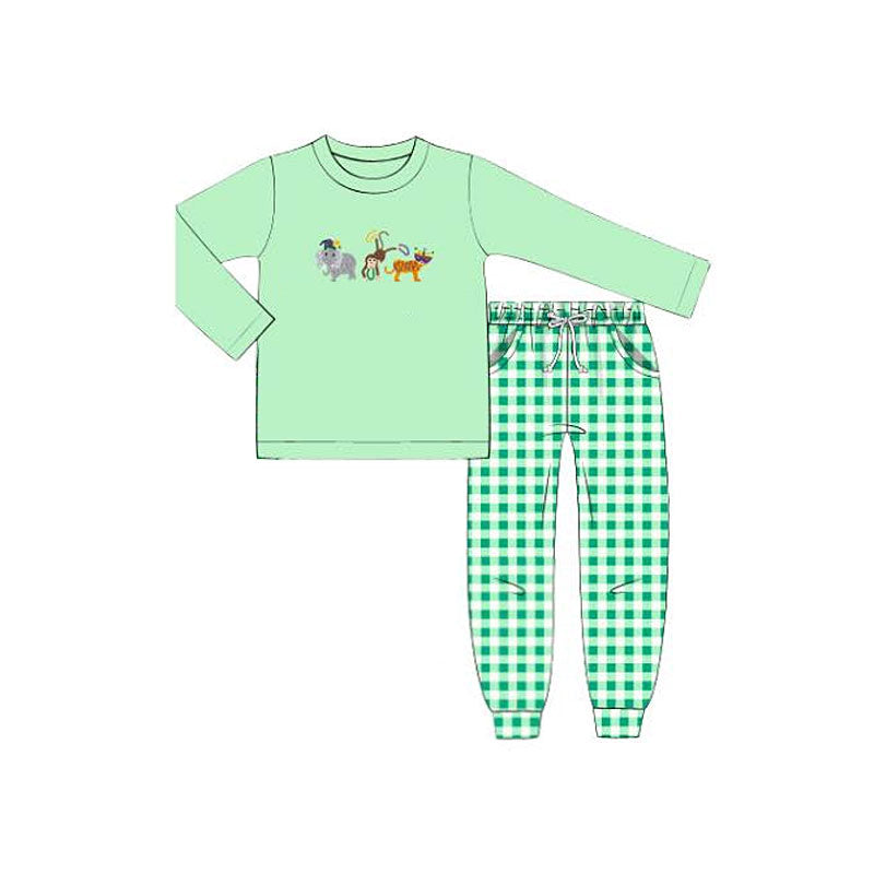 11.4 BLP1377 Pre order No Moq Baby Boys Green Animals Top Pockets Checked Jogger Pants Clothes Sets