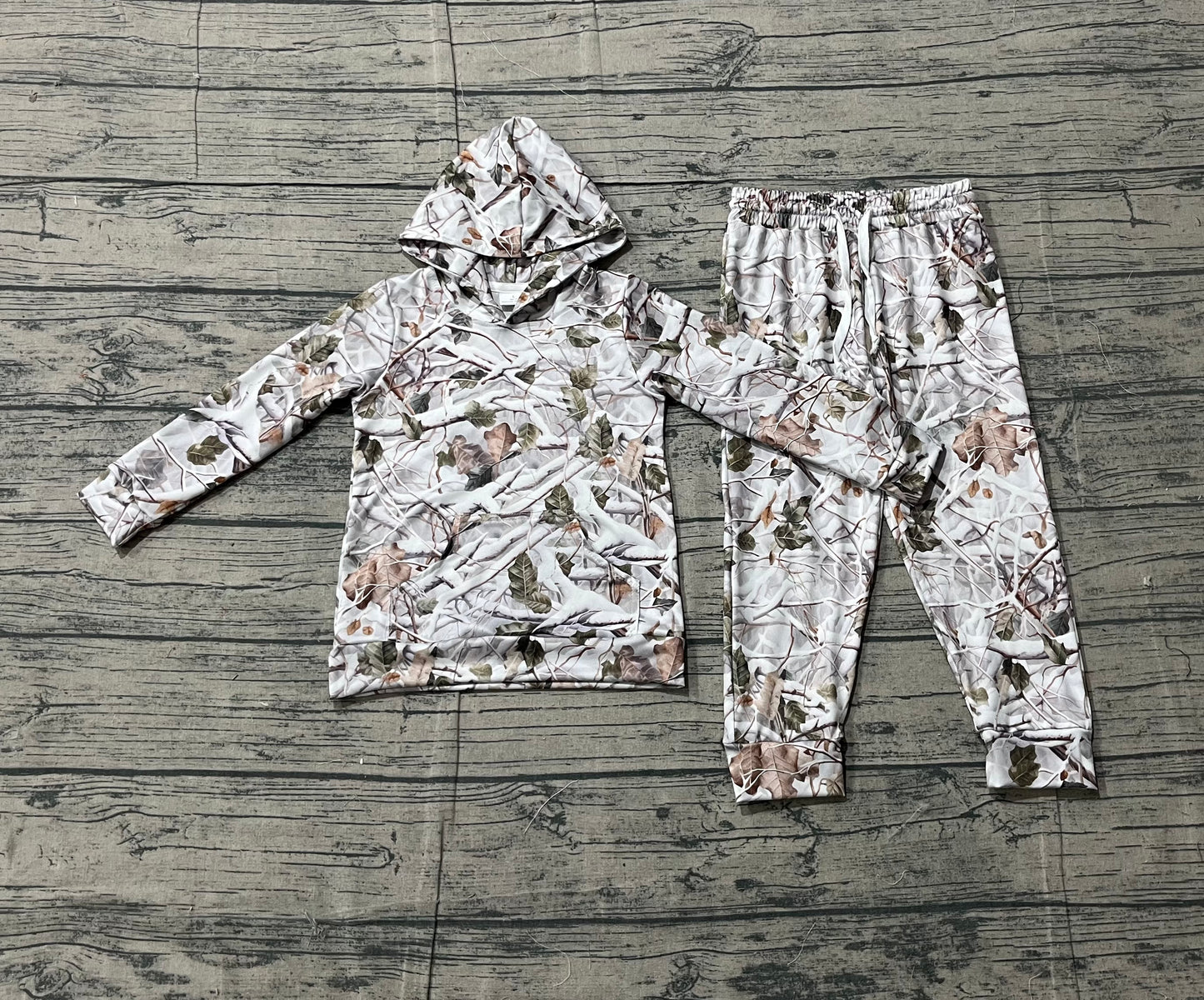 1.14 BLP1400 Smple No Moq Baby Boys Southern Leaves Camo Pockets Hoodie Jogger Clothes Sets