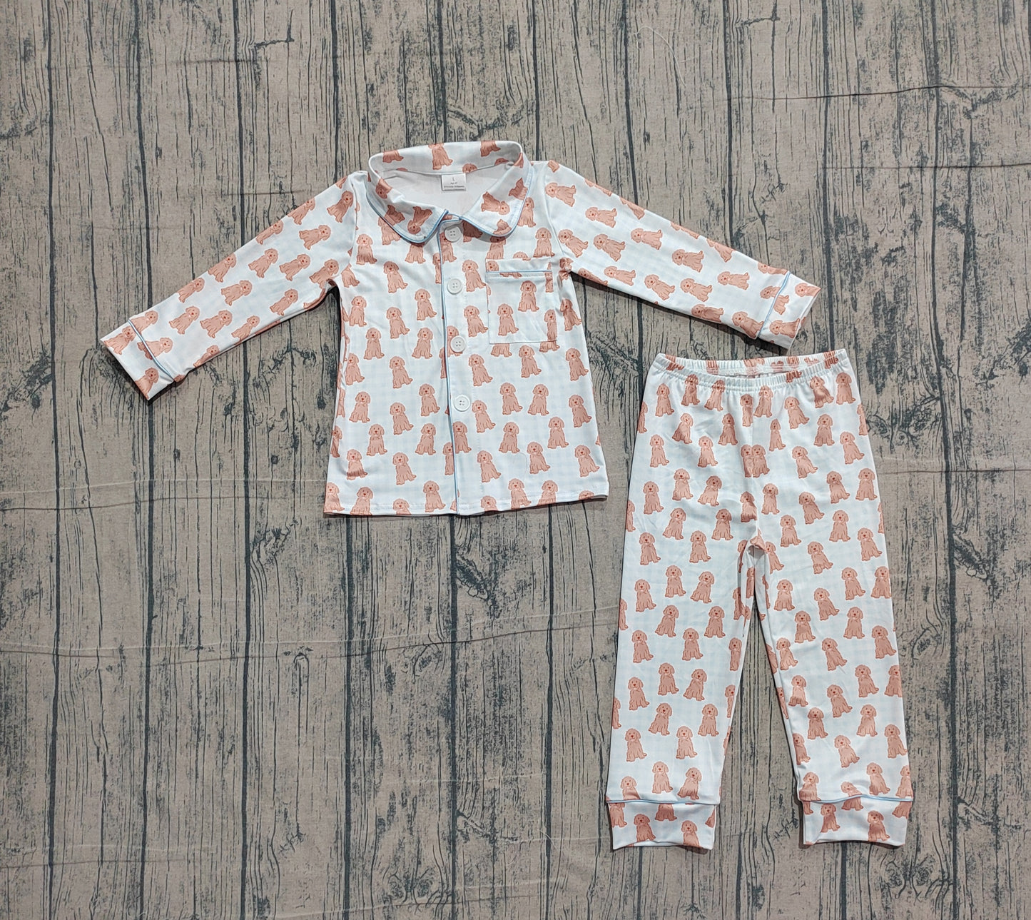 1.19 BLP1408 Sample No Moq Baby Boys Blue Checked Dogs Button Pocket Top Pajamas Sets
