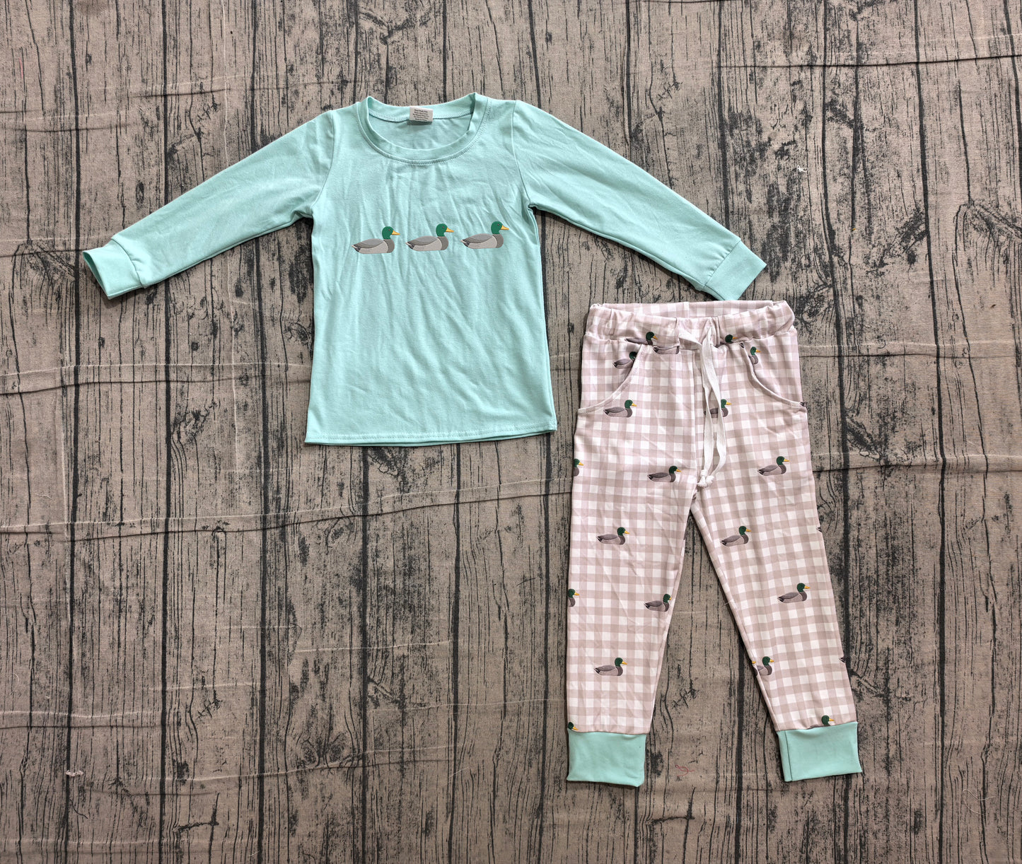 6.10 BLP1424 Sample No Moq Embroidery Baby Boys Duck Pocket Plaid Top Jogger Hunting Pants Outfit