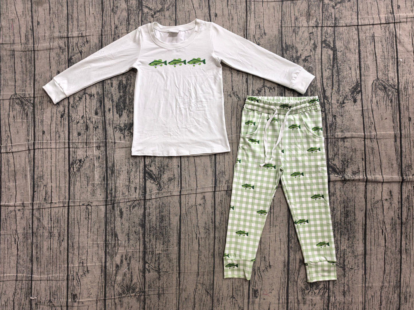 6.10 BLP1425 Sample No Moq Baby Boys Fish Pocket Long Sleeve Checked Top Jogger Hunting Pants Outfit
