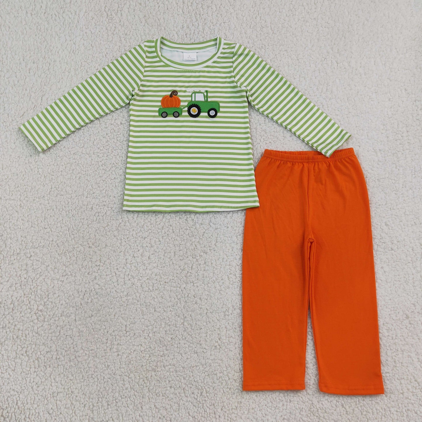 BLP1441 RTS NO MOQ (In stock)milk silk Embroidery Baby Boys Green Stripe Pumpkin Truck Embroidery Top Pant Fall Holiday Sets